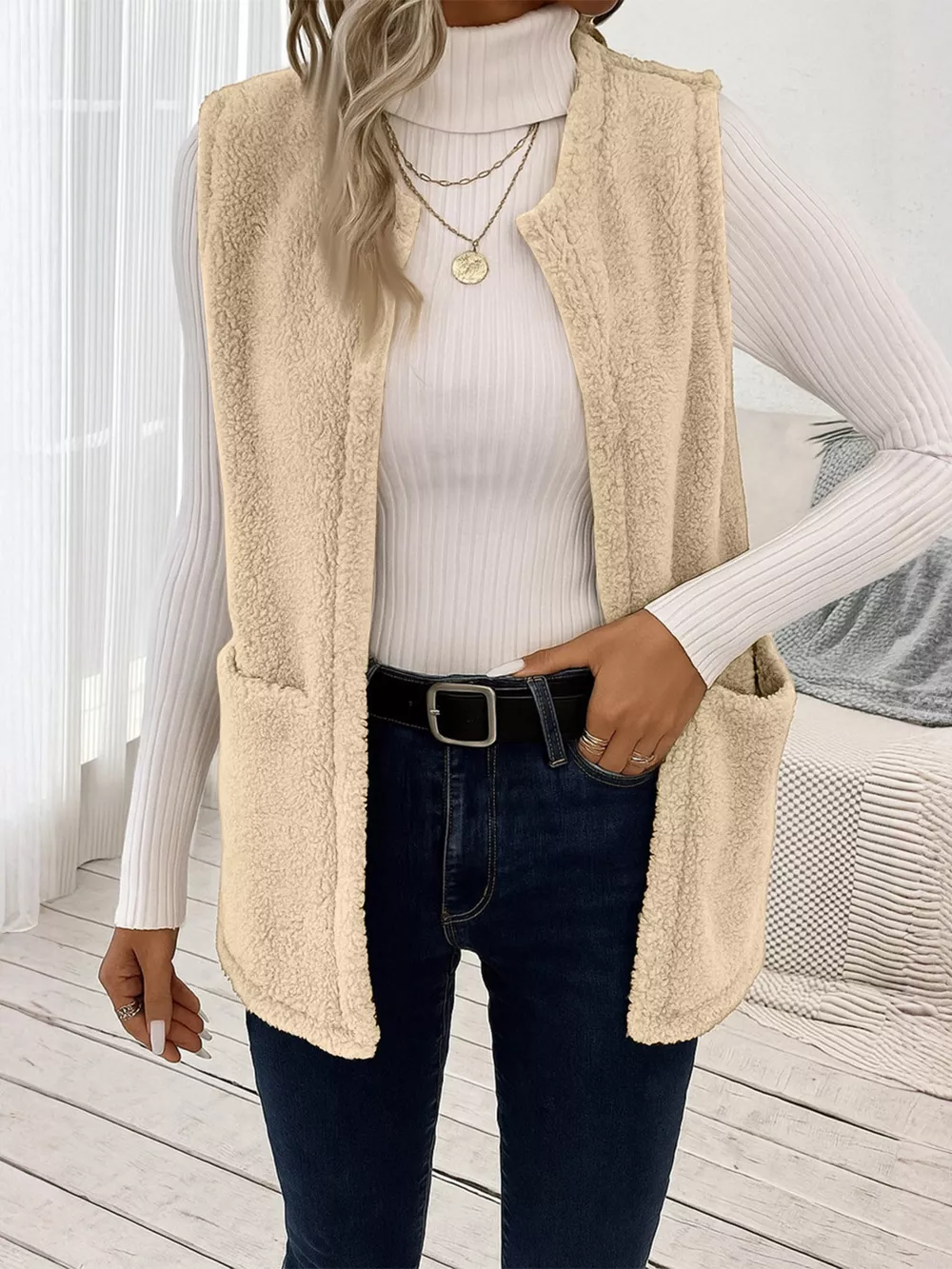 Sleeveless Fuzzy Fleece Vest Coat, image 2