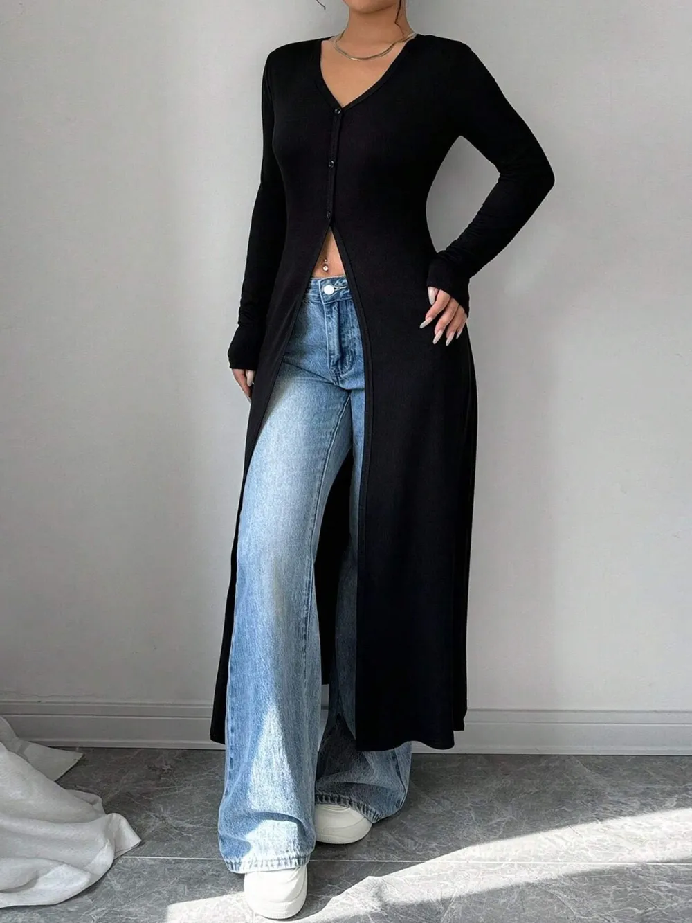 V-Neck Button-Front Longline Cardigan