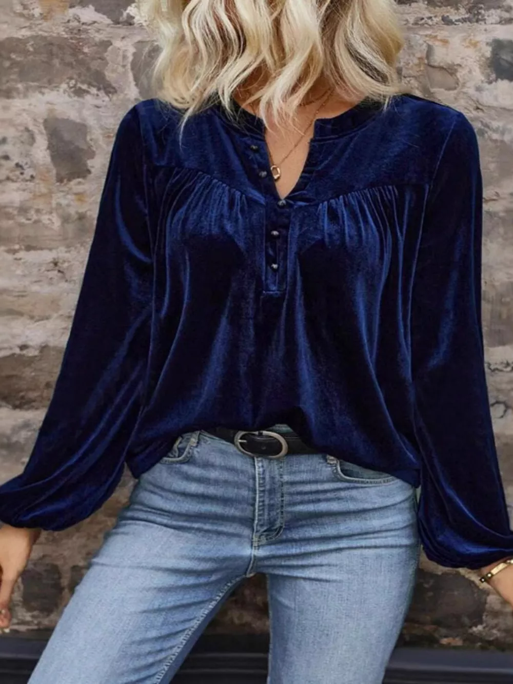 Velvet Notched Long Sleeve Blouse, image 4