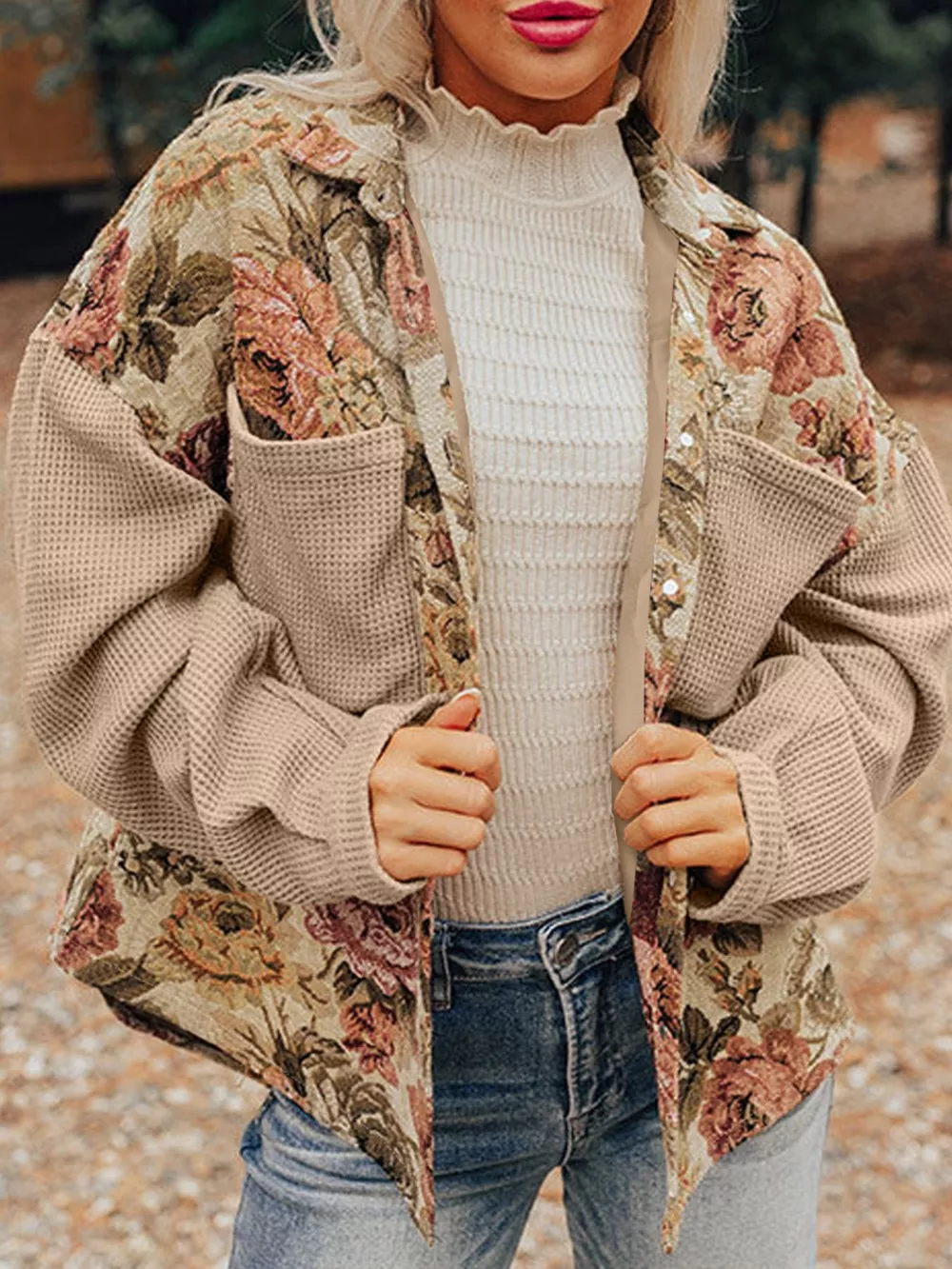 Floral Waffle Knit Patchwork Chest Pockets Buttoned Jacket