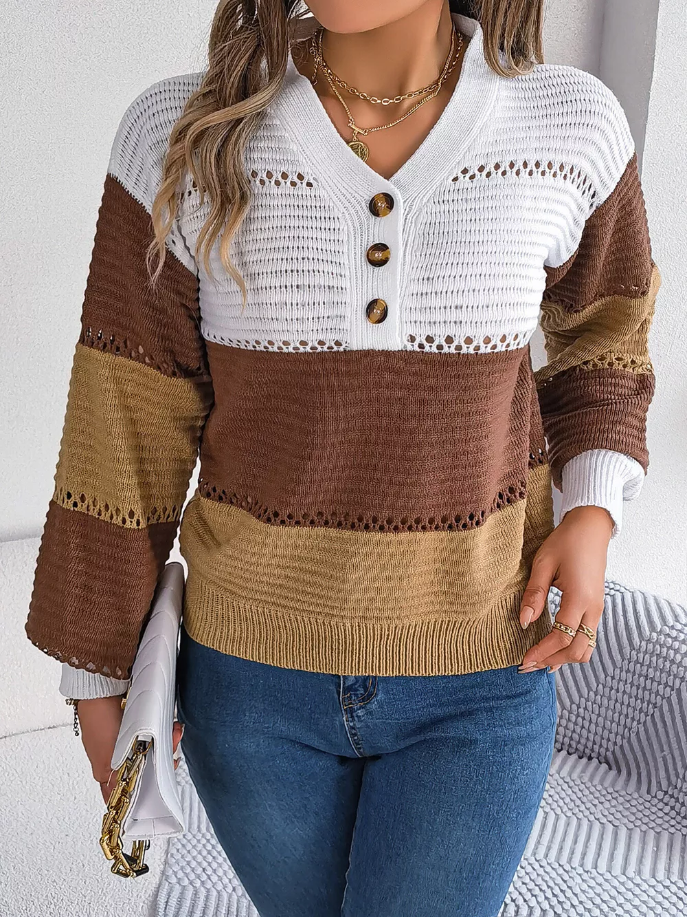 Color Block Striped V-Neck Button Detail Sweater, image 2