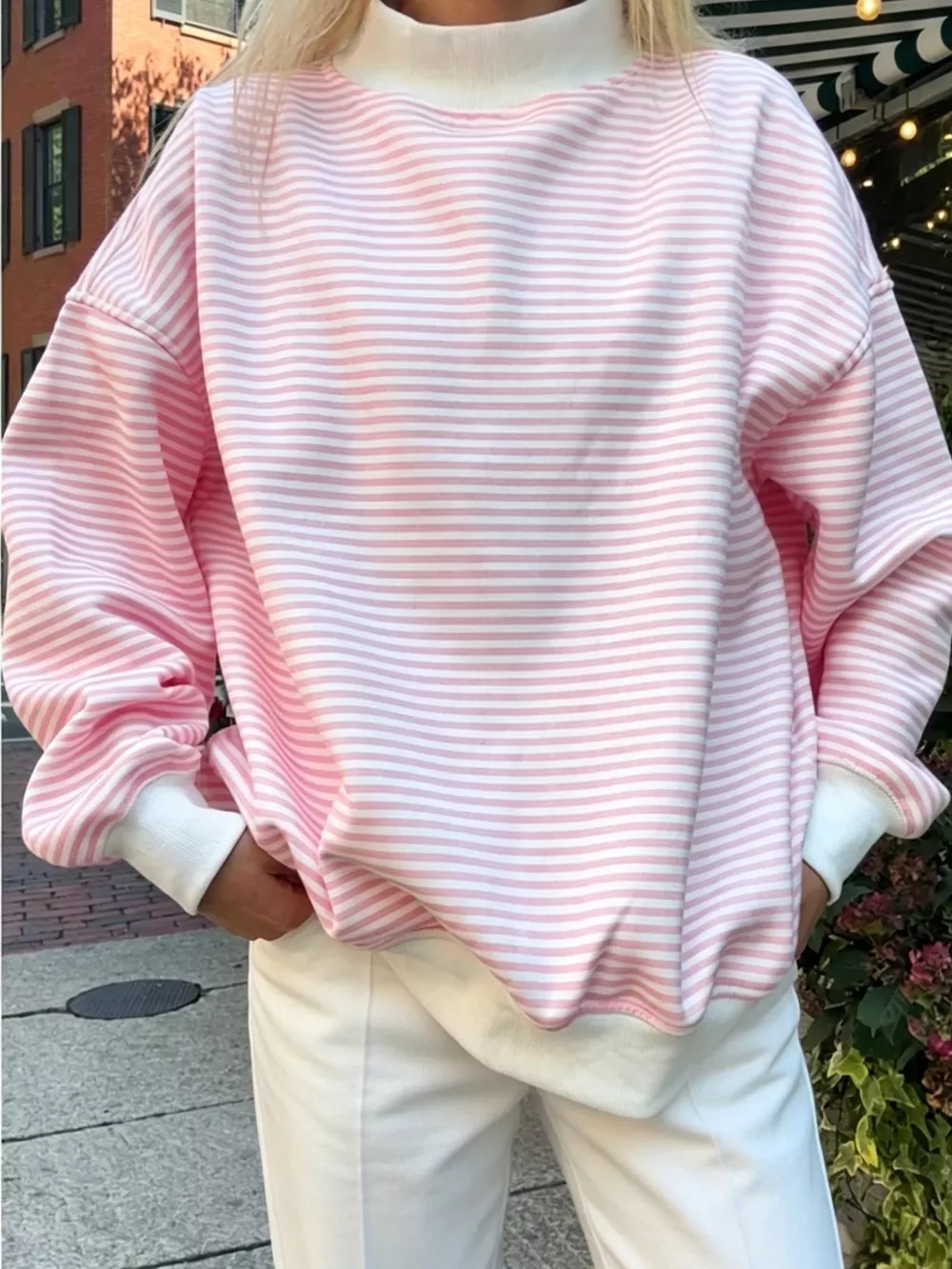 Oversized Striped Crew Neck Sweatshirt, image 6