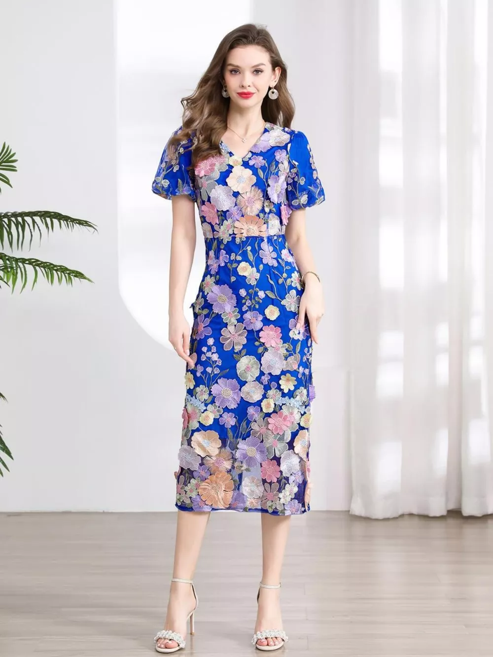 Floral Embroidered Puff Sleeve Midi Dress, image 19