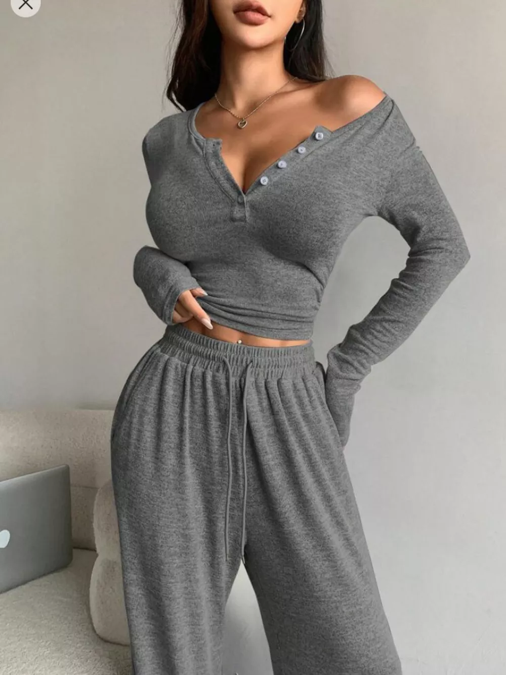Button Detail Long Sleeve Top and Wide-Leg Pants Set, image 5