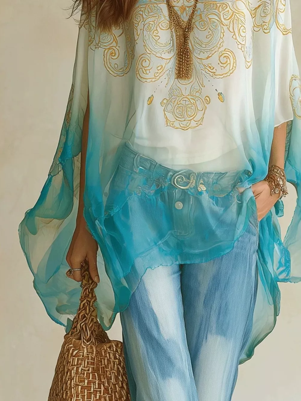 Full Size Gradient Flowy Batwing Sleeve Blouse Plus Size, image 2