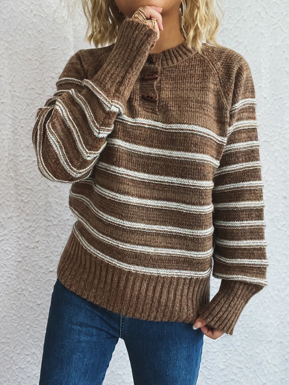 Striped Button Detail Long Sleeve Sweater, image 7