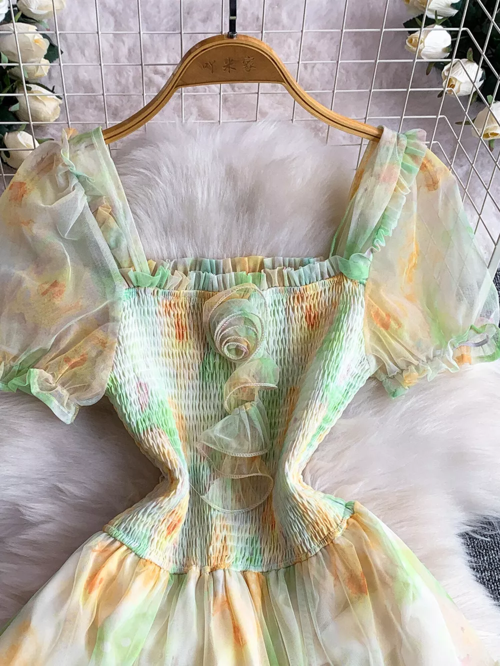 Smocked Floral Tiered Mesh Midi Dress, image 29