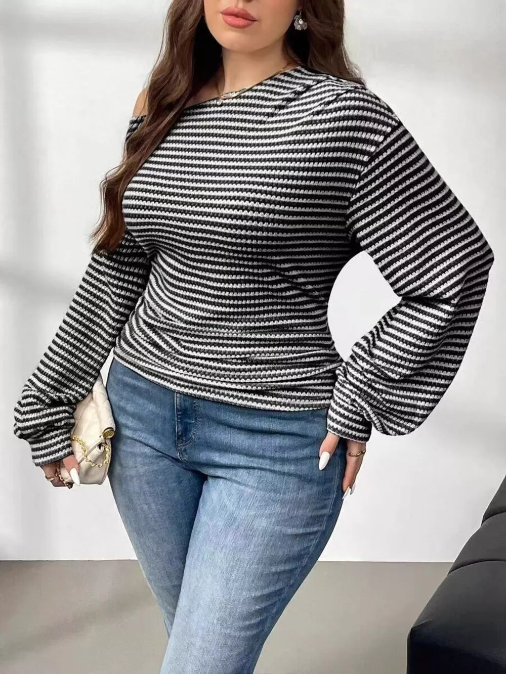 Plus Size Striped One-Shoulder Long Sleeve T-Shirt, image 2