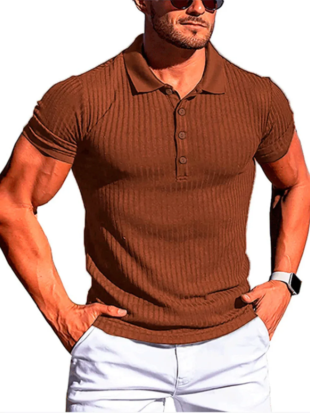 Men's Full Size Ribbed Button Detail Short Sleeve Polo Plus Size, image 10