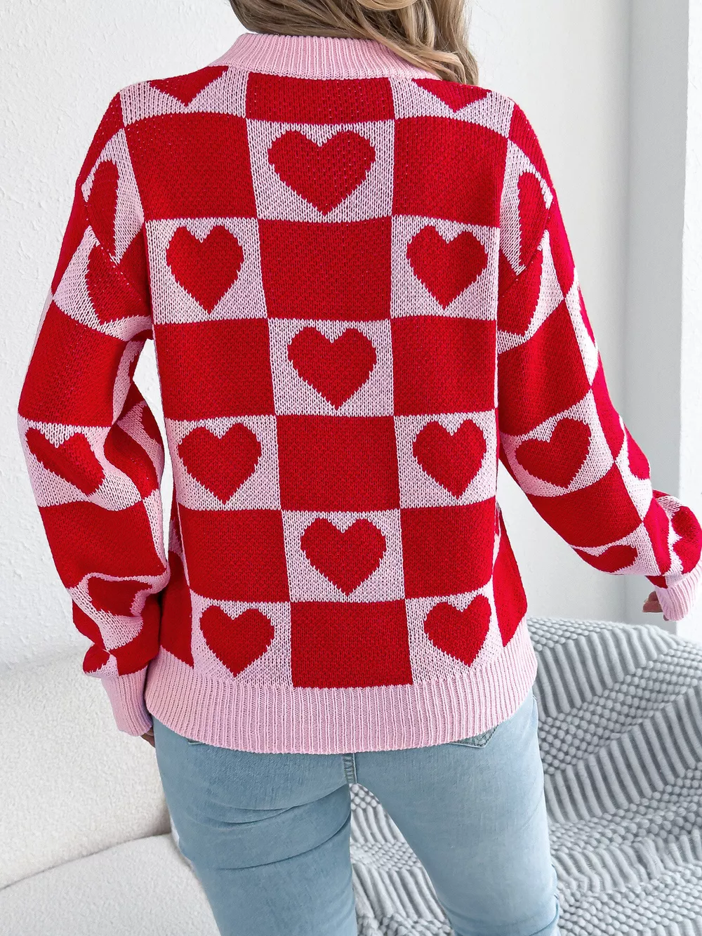 Heart Checkerboard Pattern Round Neck Sweater, image 14