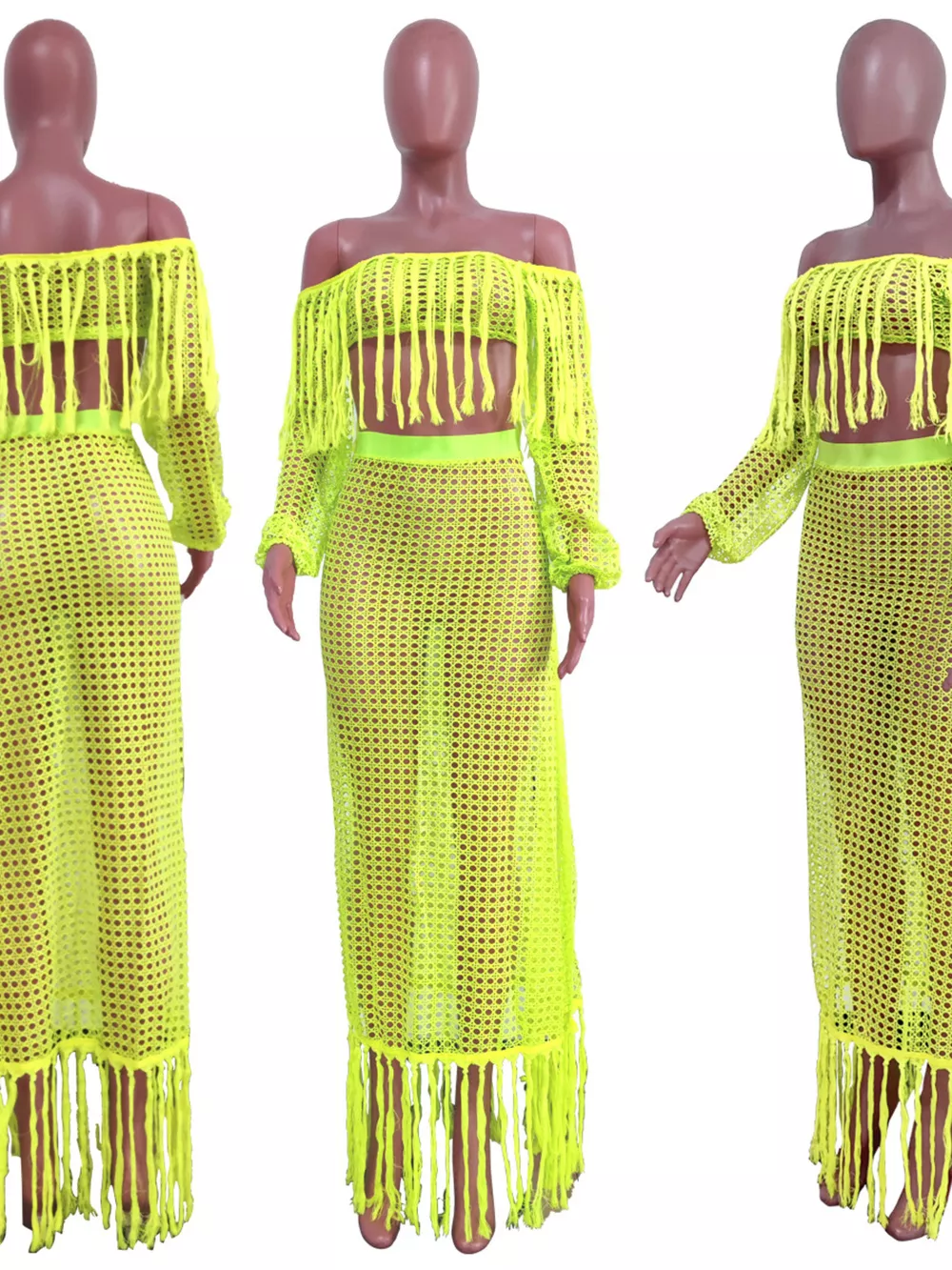 Full Size Crochet Off-Shoulder Fringe Top and Skirt Set Plus Size, image 27