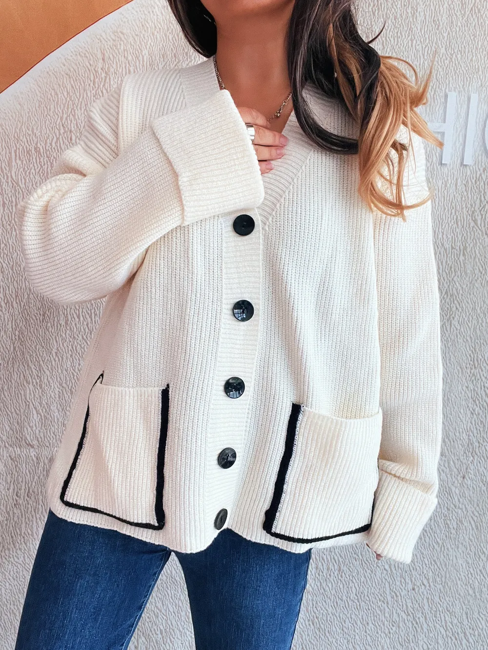 Button-Front Ribbed Cardigan with V-Neck, image 5