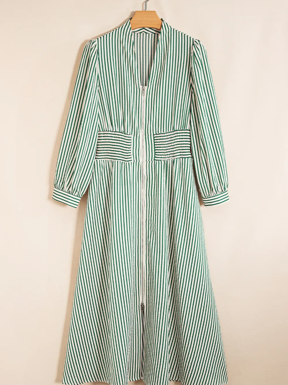 Stripe V Neck Zip Front Cinched High Waist Midi Dress, image 2