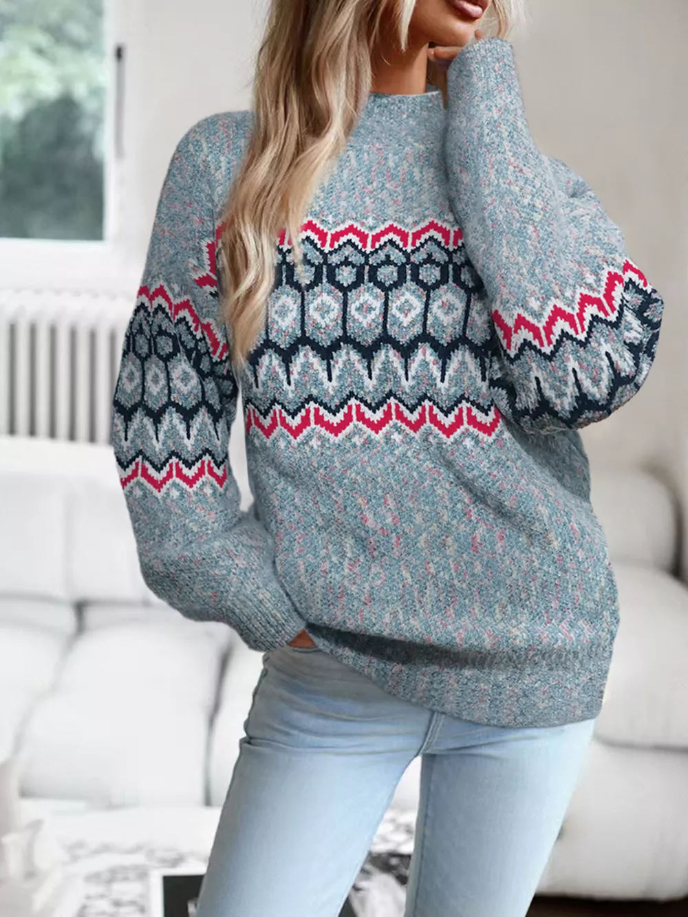 Geometric Pattern Long Sleeve Sweater, image 4
