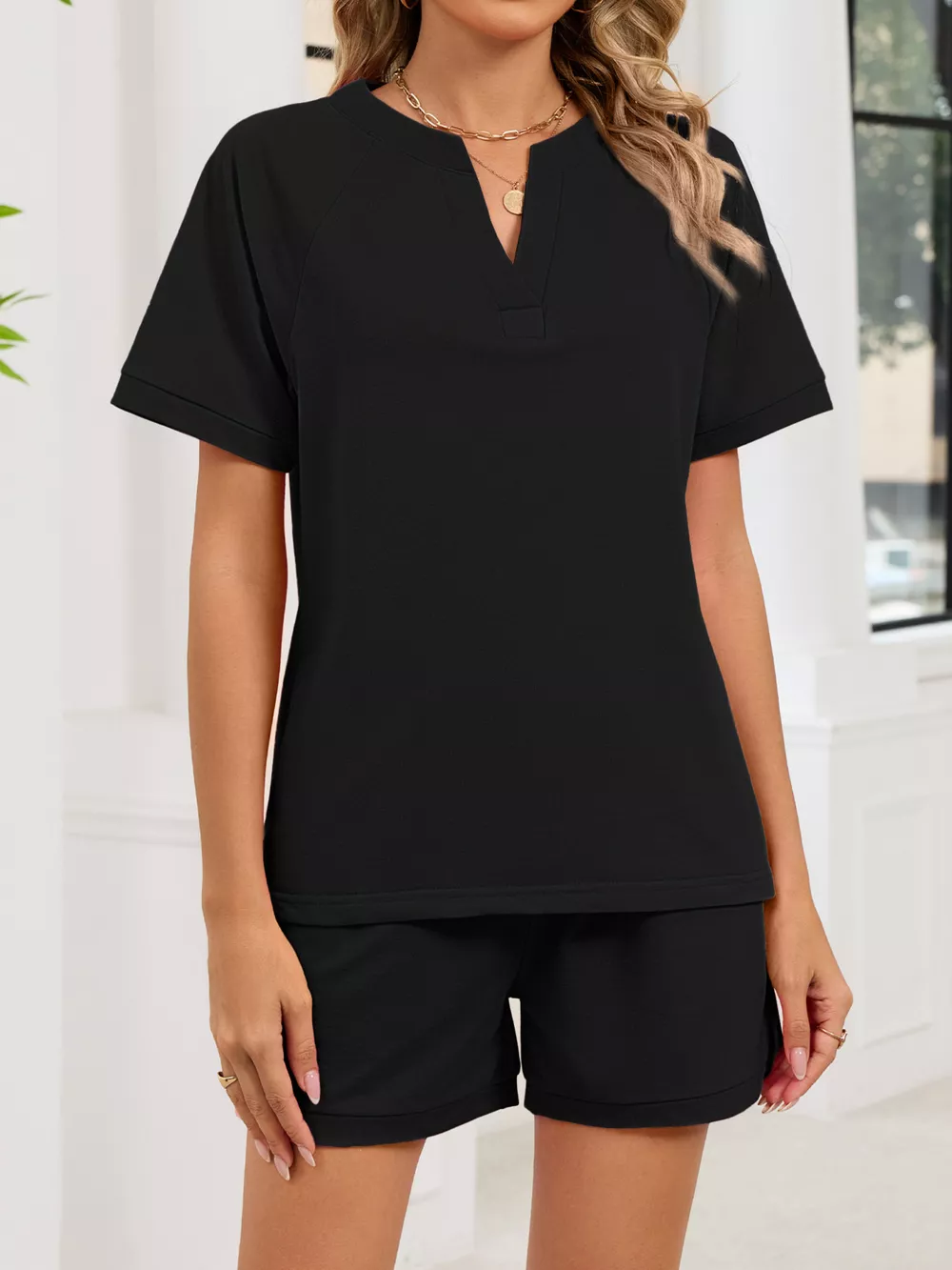 Notched Short Sleeve Top and Shorts Set, image 17