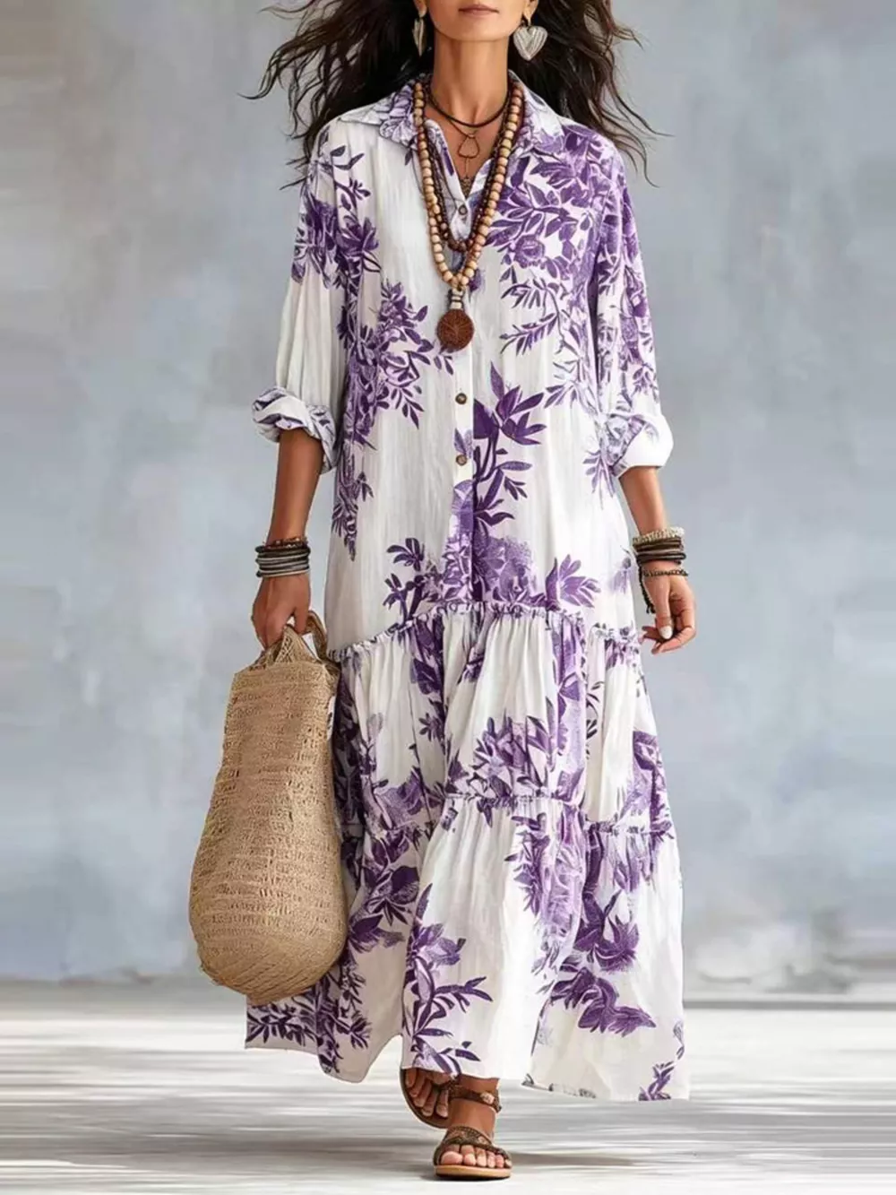 Printed Button Front Maxi Dress, image 6