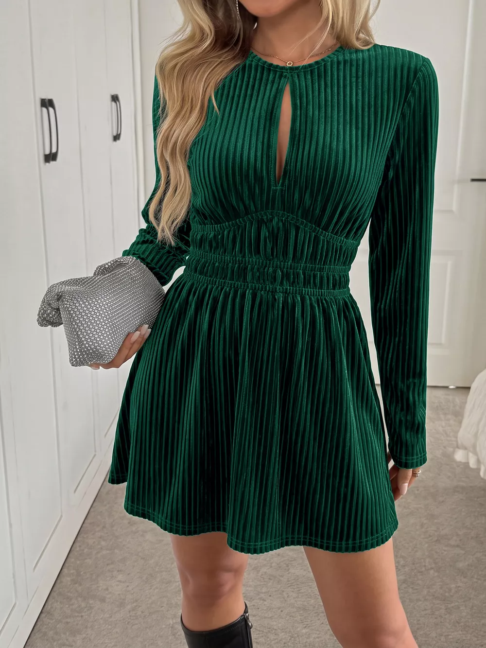 Ribbed Keyhole Long Sleeve Mini Dress, image 2