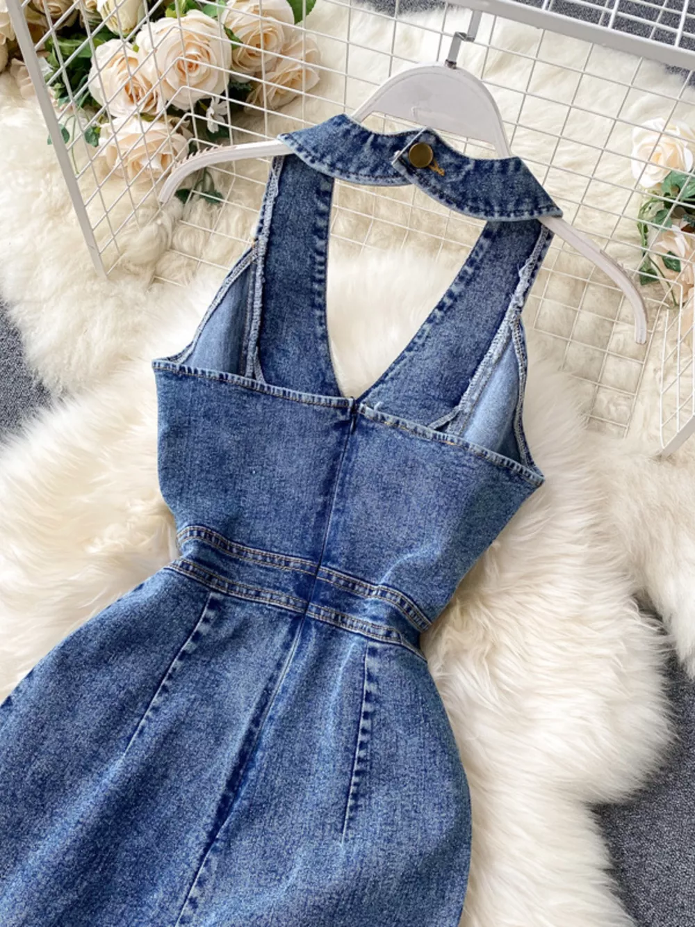 Halter Neck Wide Leg Denim Jumpsuit, image 10