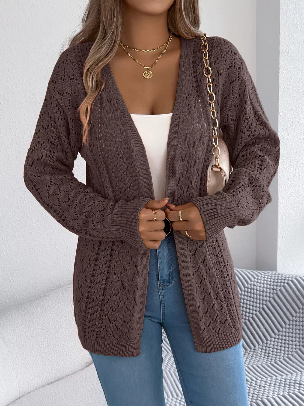 Openwork Open-Front Long Sleeve Cardigan, image 2