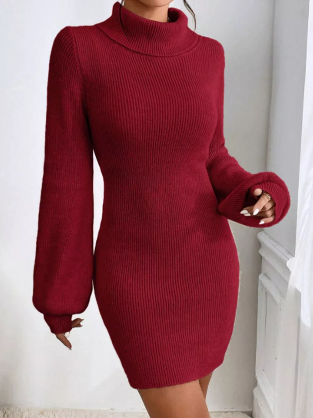 Turtleneck Ribbed Knit Sweater Dress, image 22