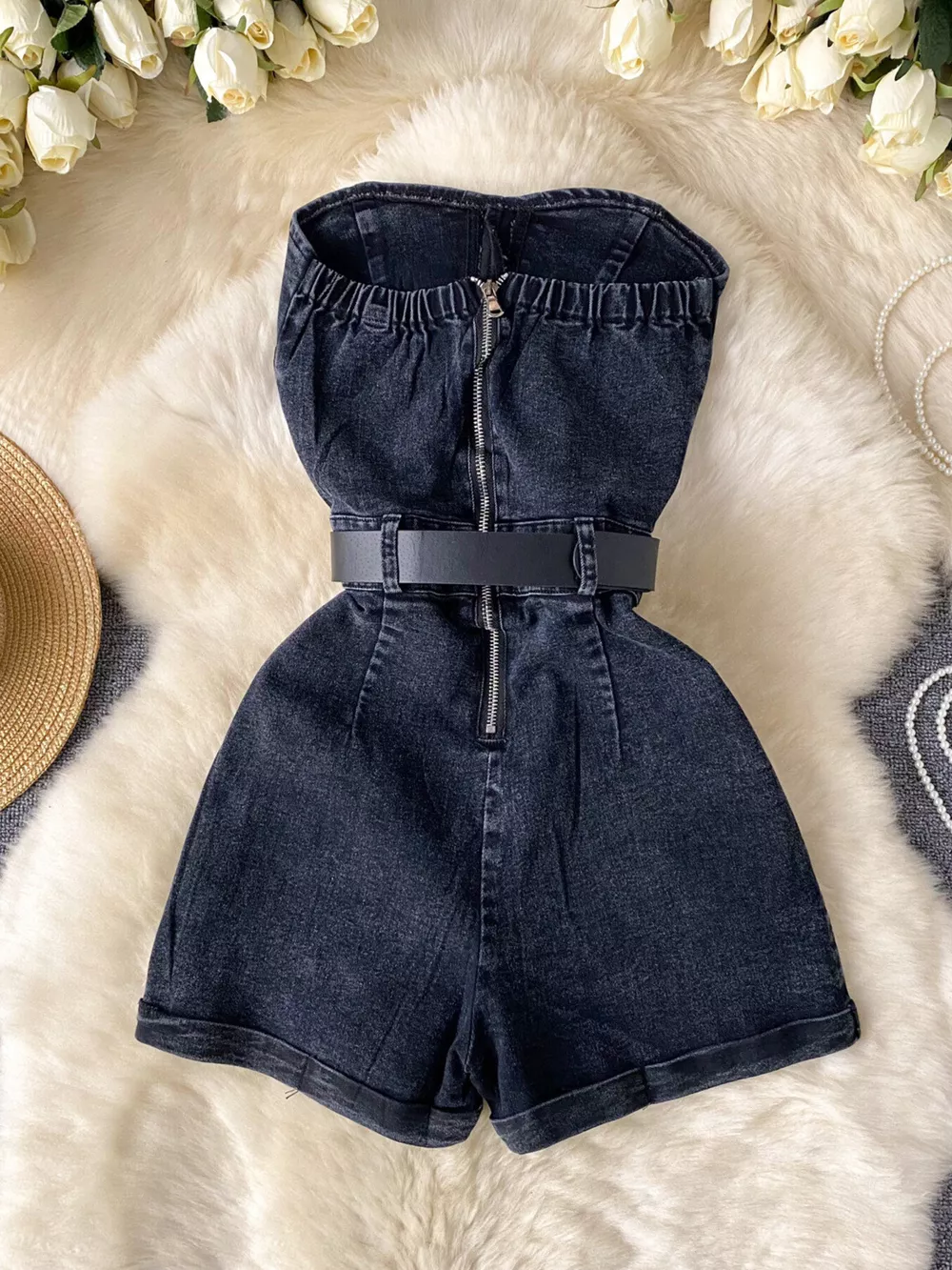 Strapless Denim Romper with Pockets, image 7