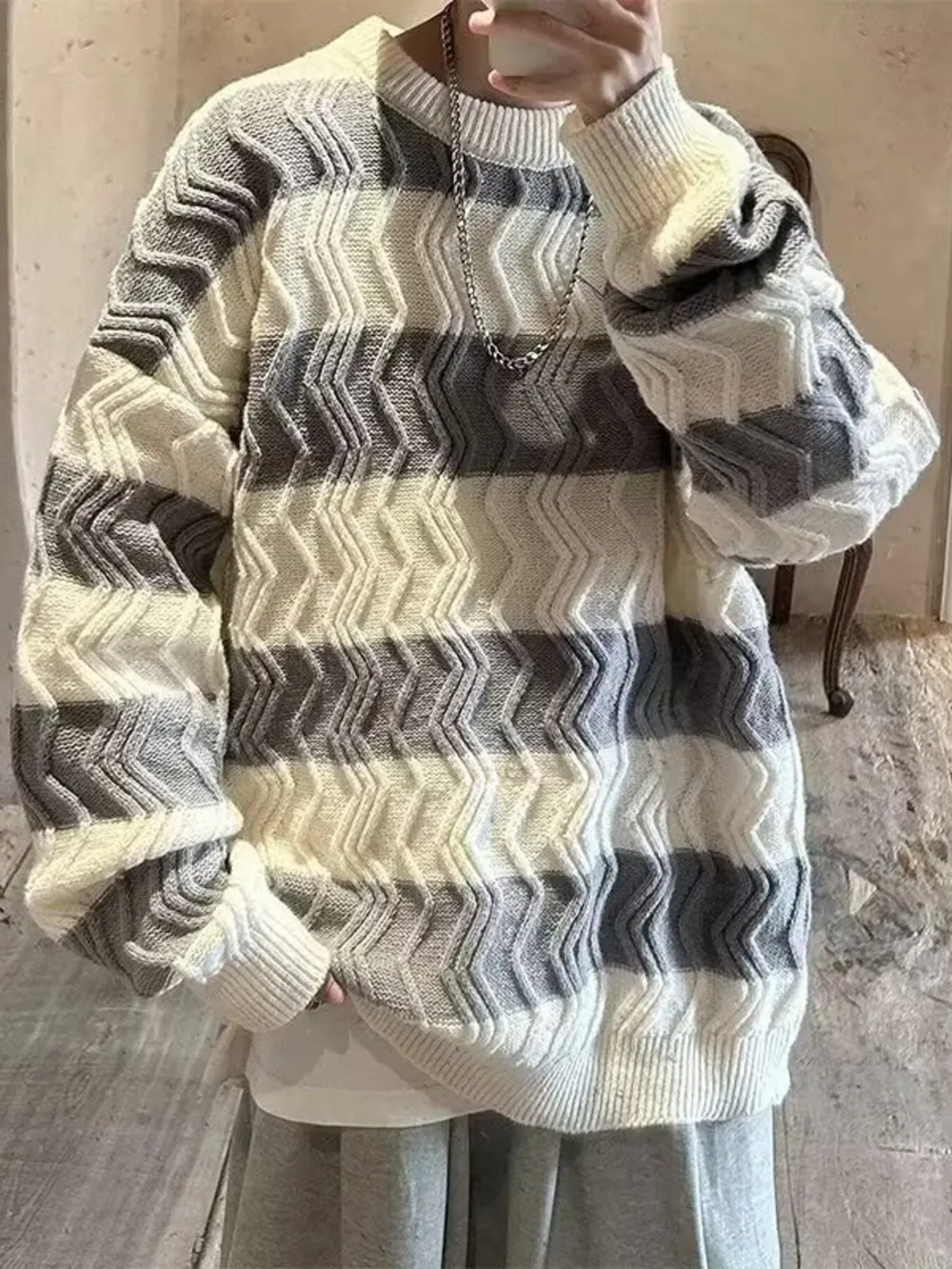 Men's Oversized Striped Textured Knit Sweater, image 3