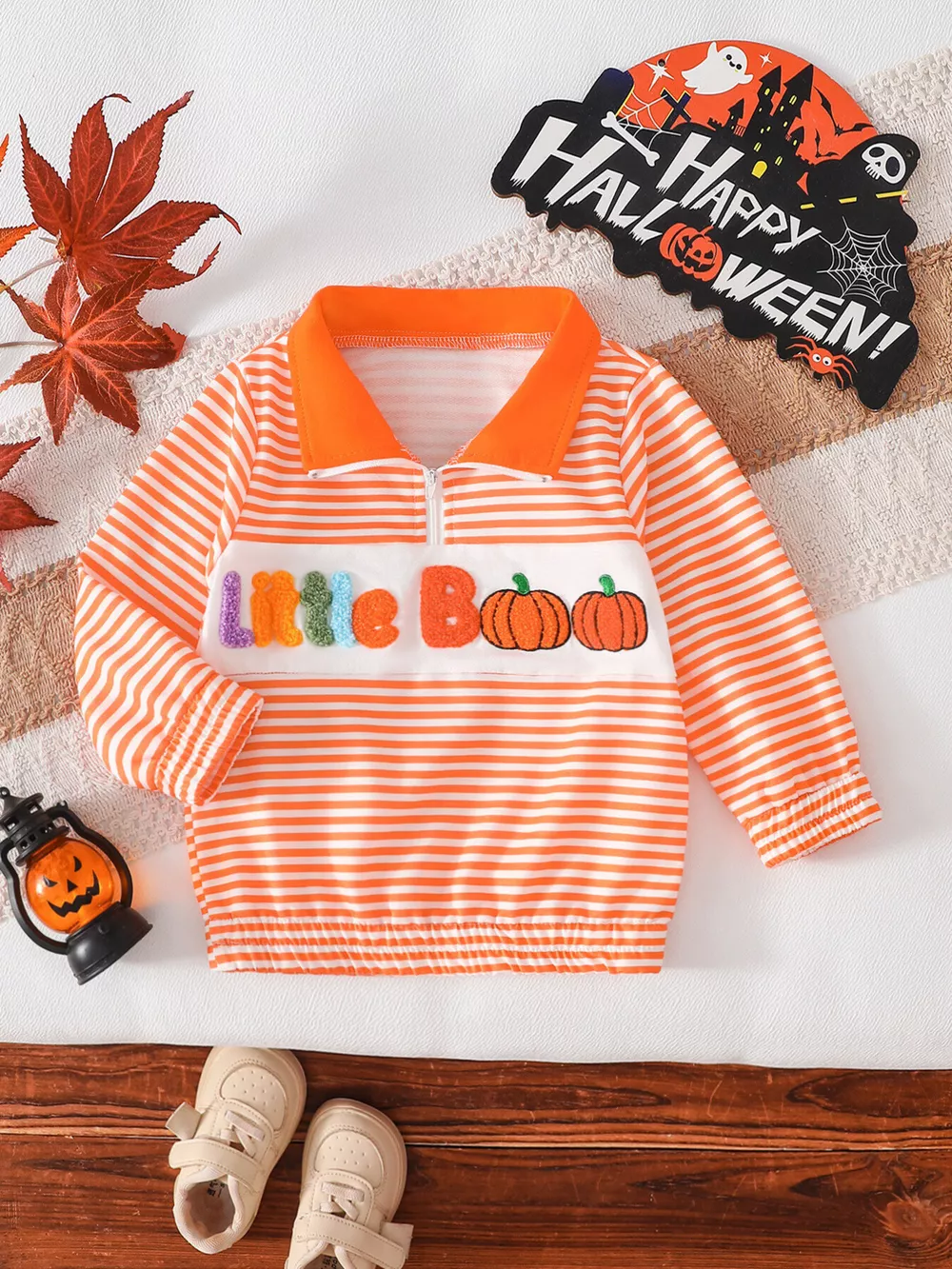 Children's Little Boo Halloween Striped Quarter-Zip Sweatshirt, image 6
