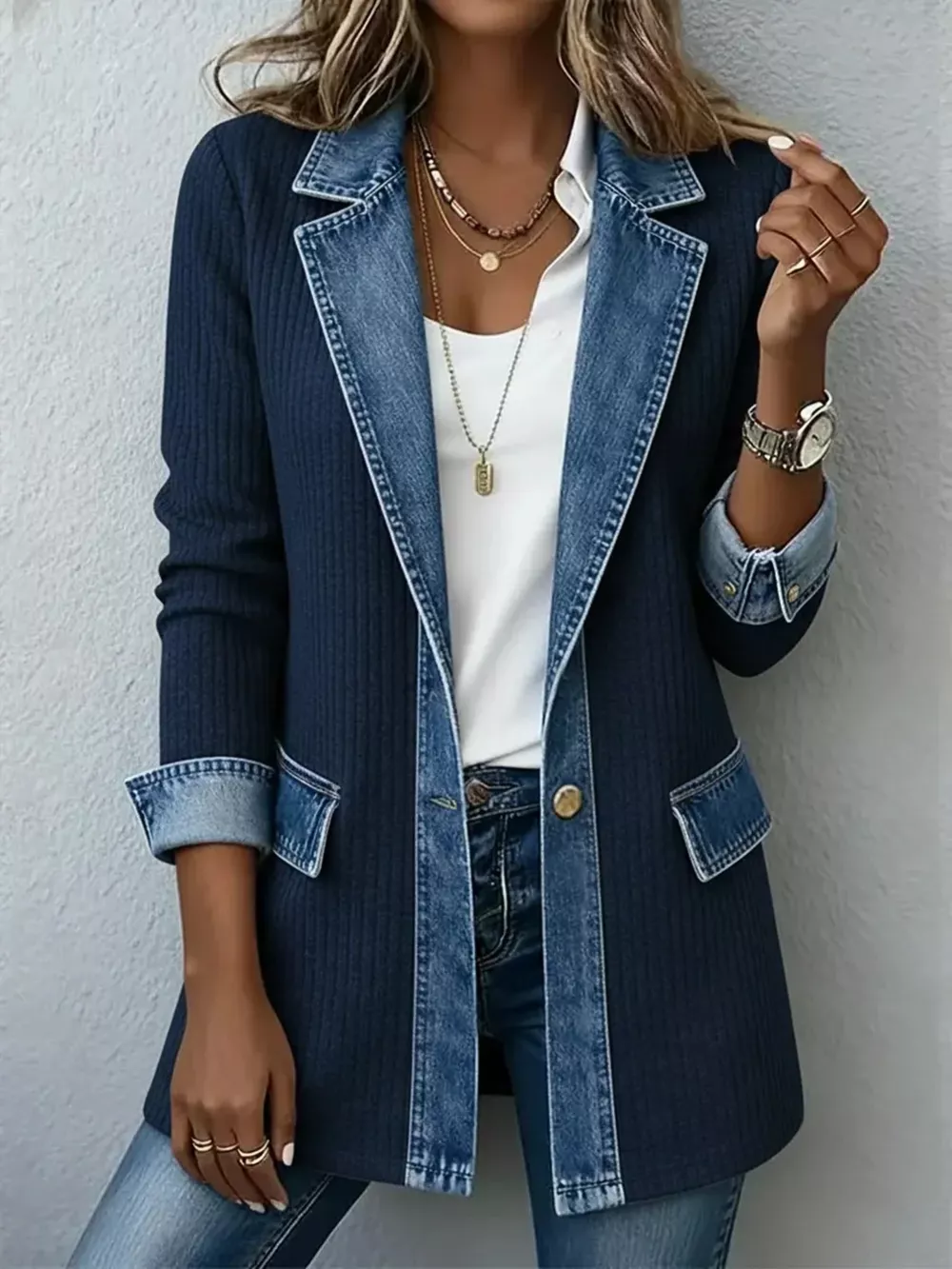 Full Size Denim Trim Ribbed Knit Jacket Plus Size, image 12
