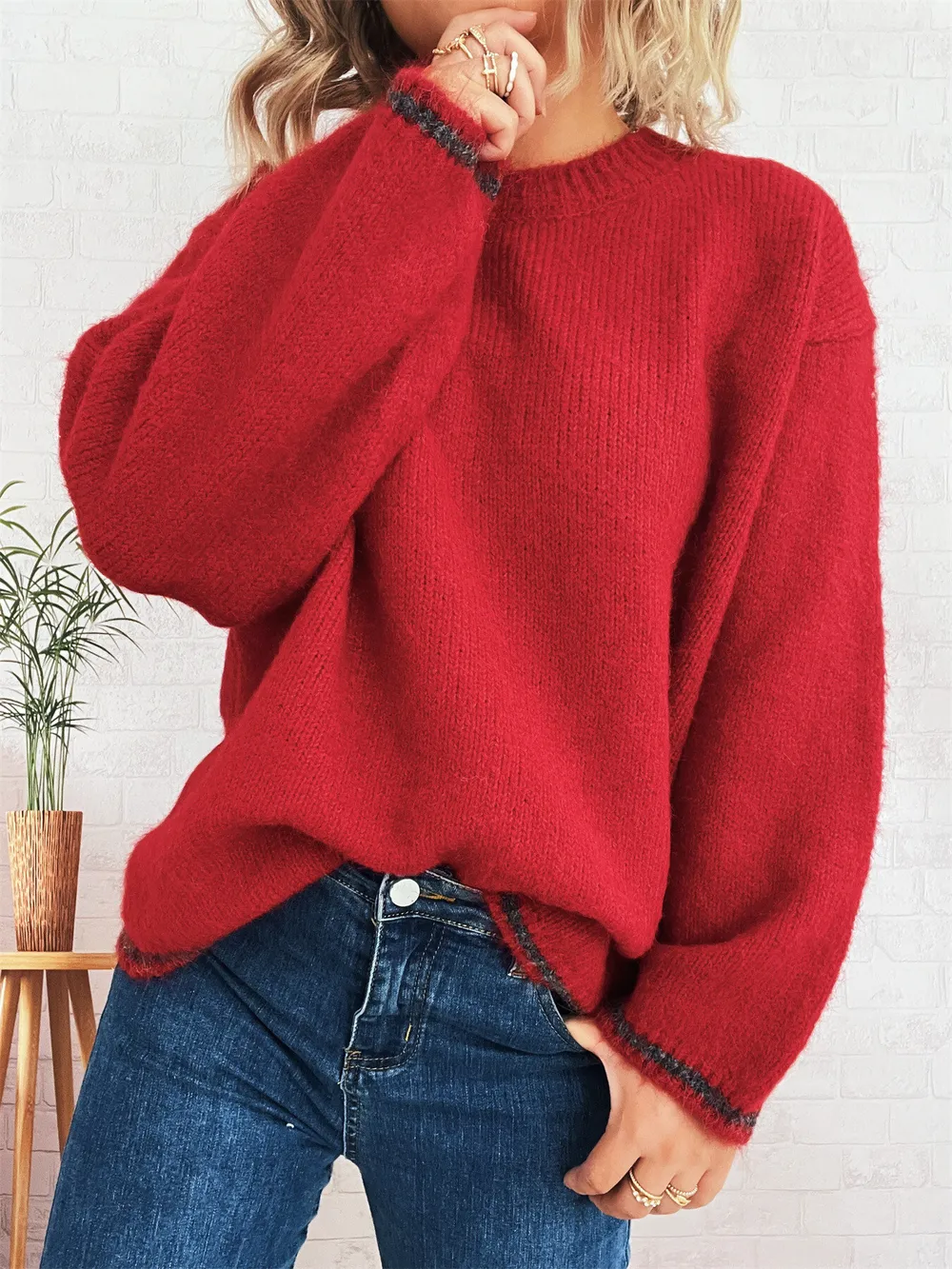 Contrast Trim Round Neck Cozy Sweater, image 13
