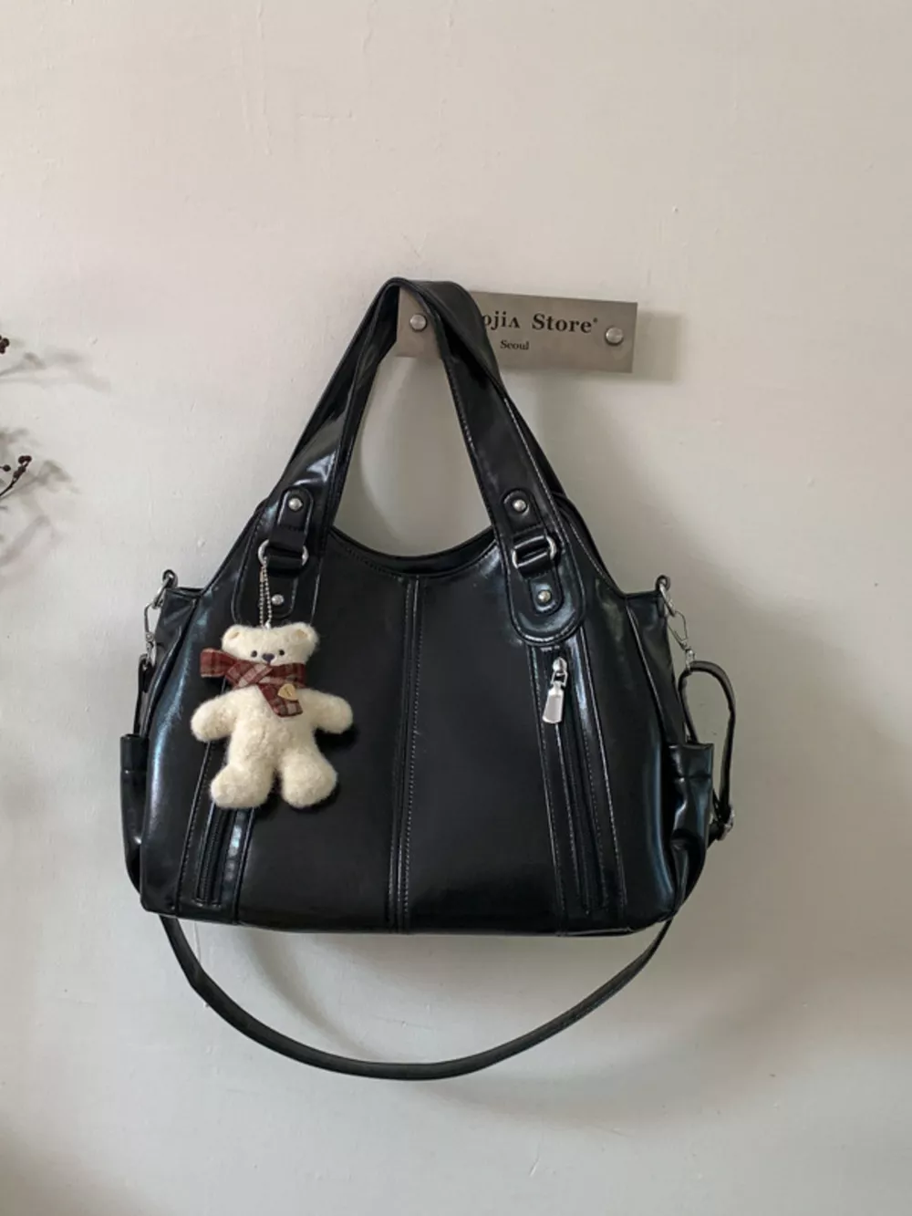 Leather Shoulder Bag with Bear Charm