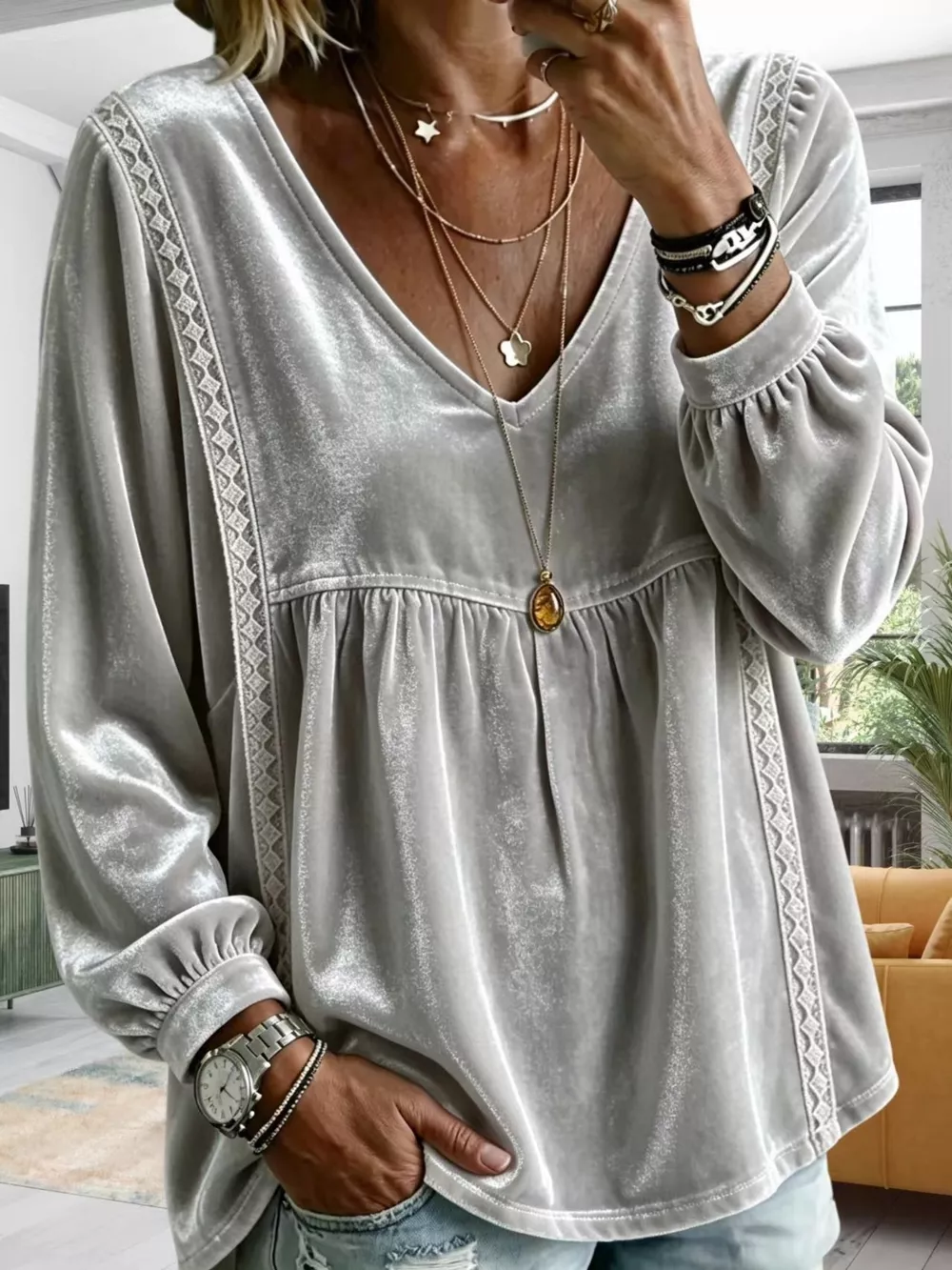 Full Size Velvet Lace Detail V-Neck Blouse Plus Size, image 11
