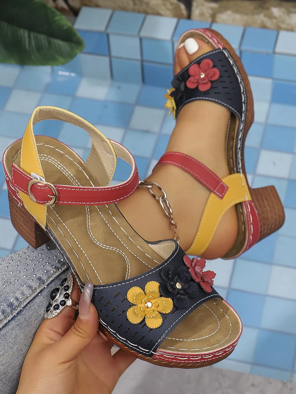 Colorful Floral Block Heel Sandals, image 4