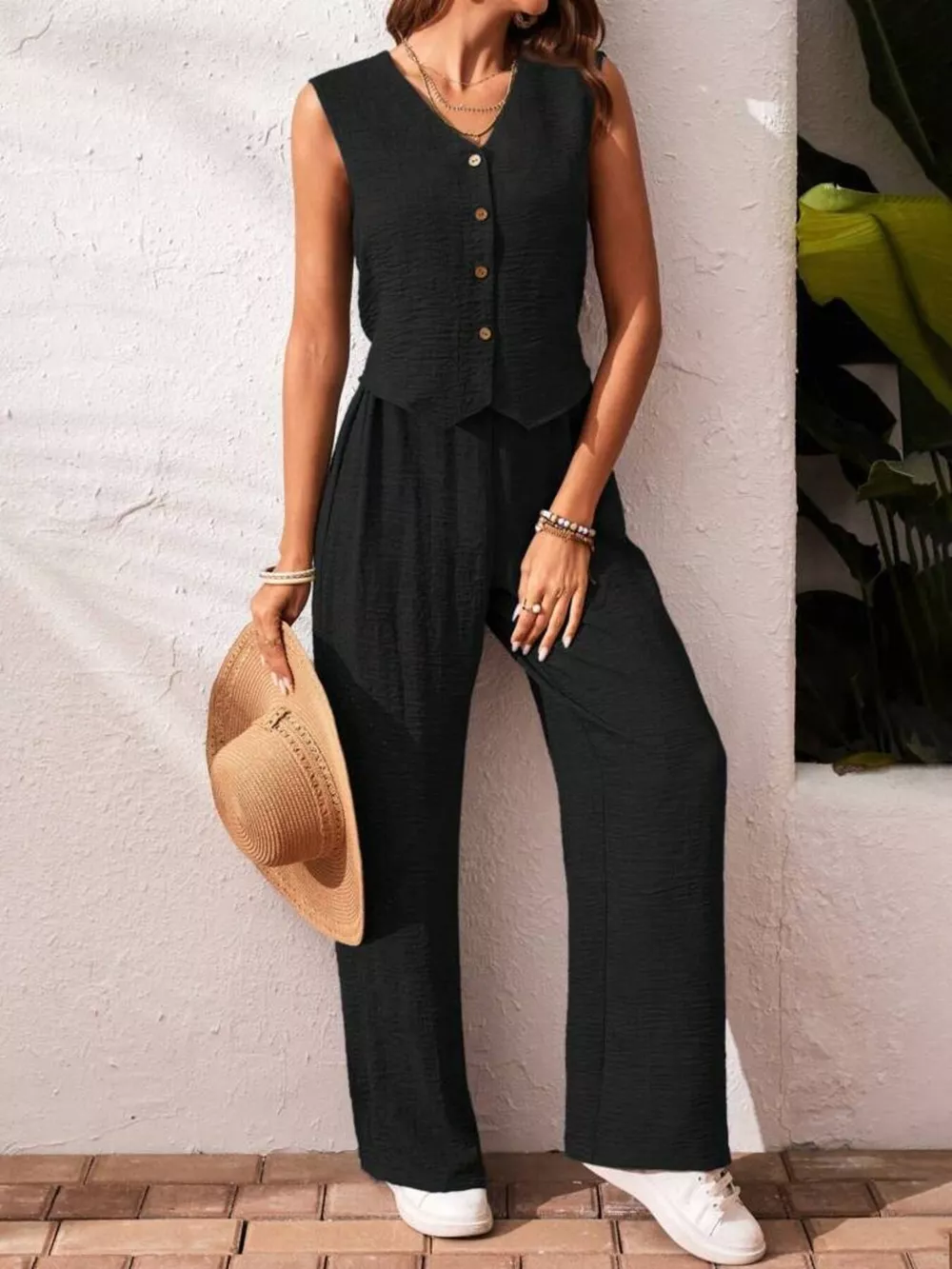Button-Down Vest & Wide Leg Pants Set