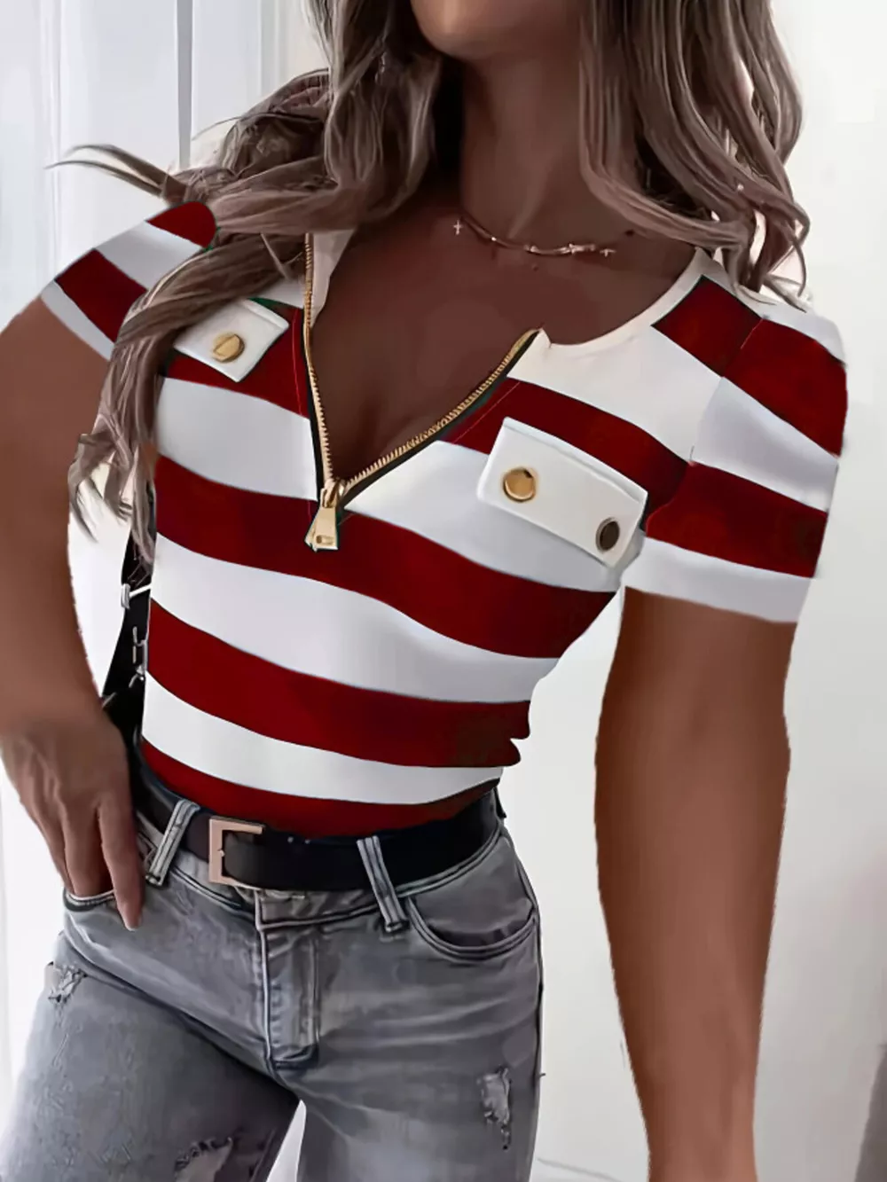 Striped Zipper Front Short Sleeve T-Shirt, image 11