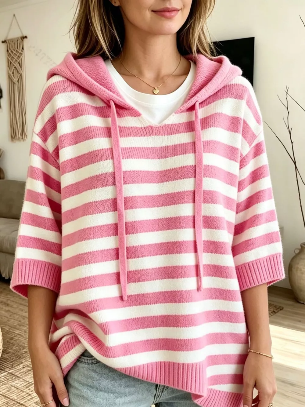 Full Size Drawstring Striped Hooded Sweater Plus Size, image 5