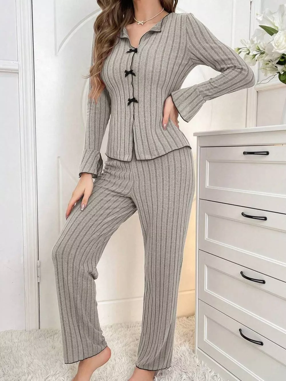 Contrast Bow Detail Top and Pants Lounge Set, image 8