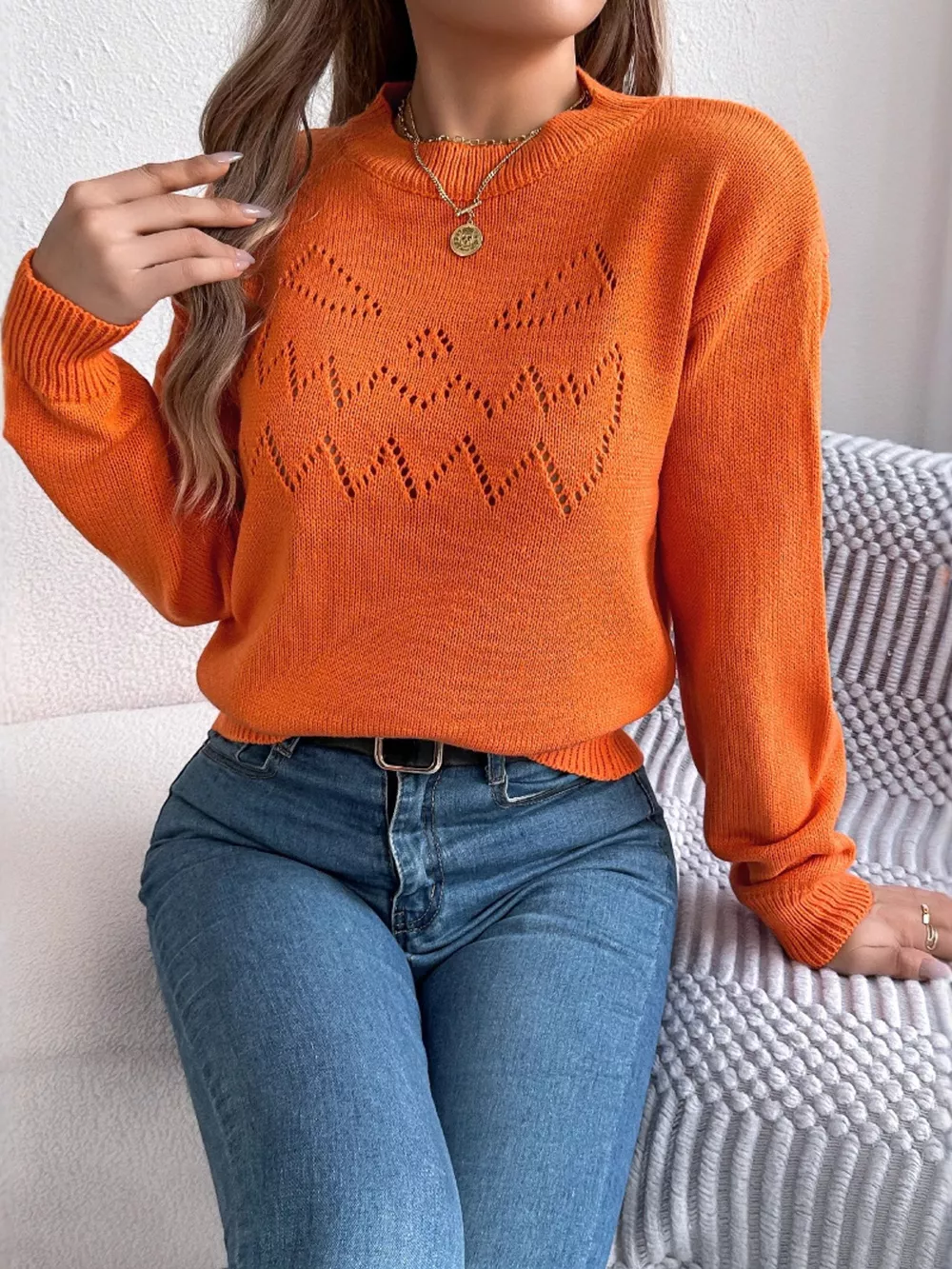 Openwork Round Neck Long Sleeve Sweater, image 4