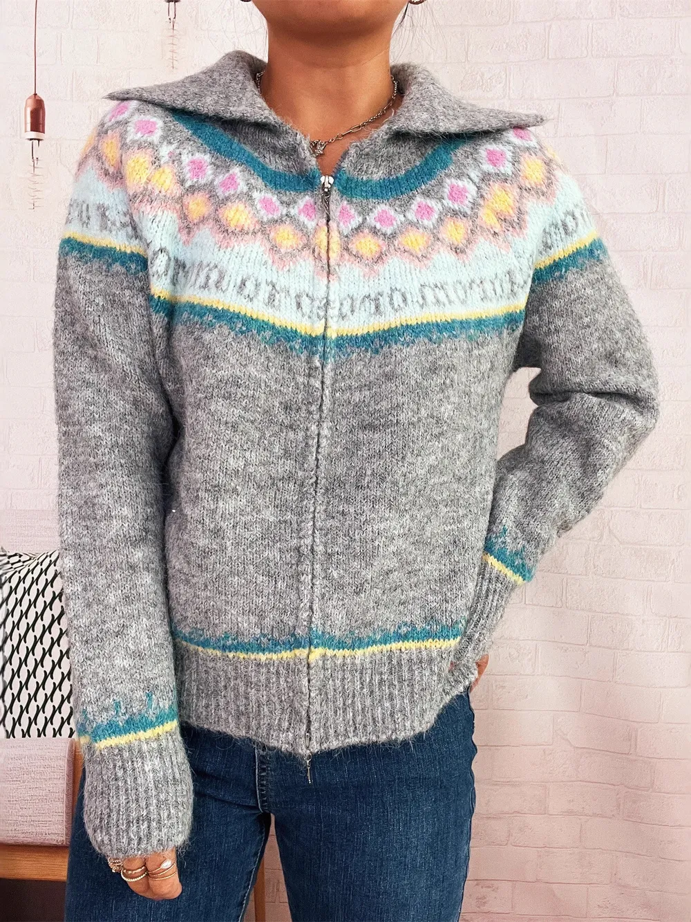 Fair Isle Pattern Zip-Up Cardigan, image 2
