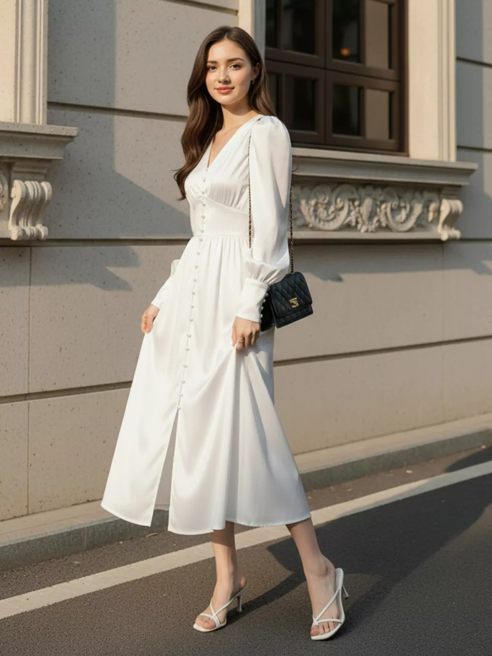 V-Neck Lantern Sleeve Midi Dress, image 5