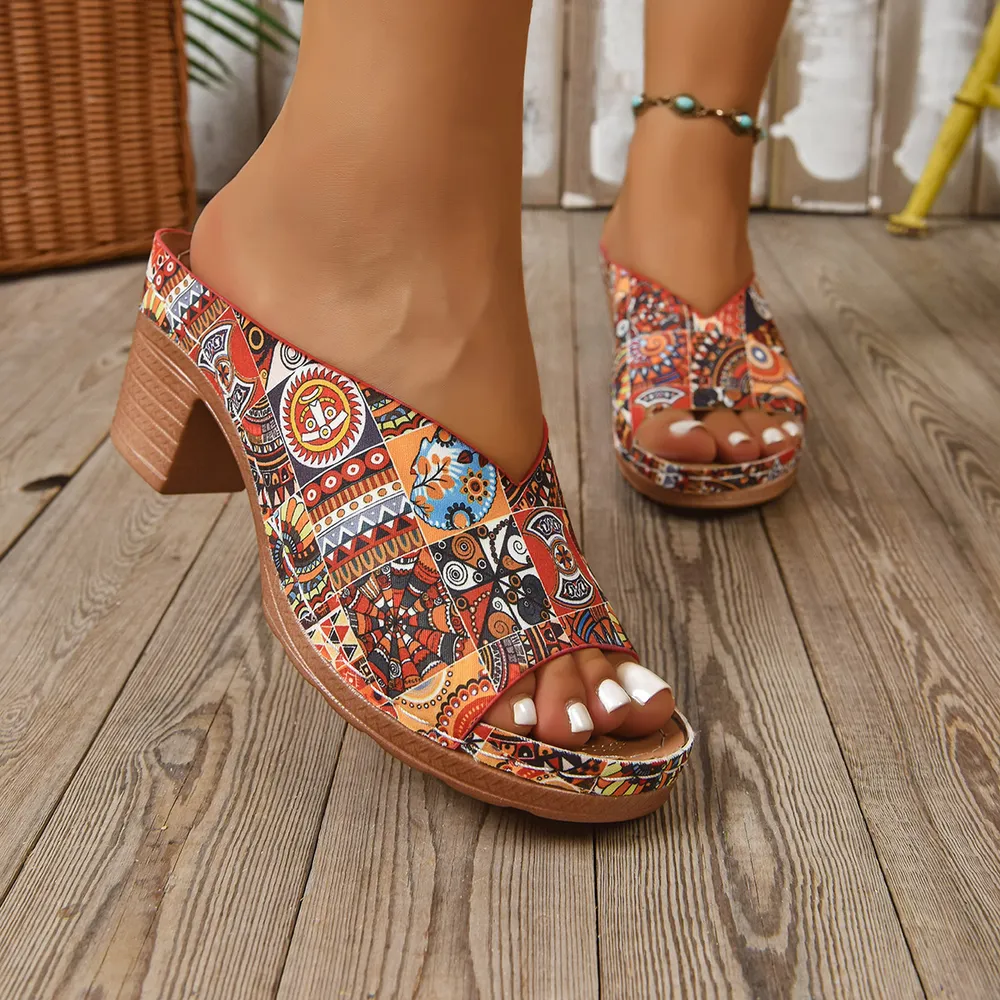 Printed Open Toe Block Heels Sandals, image 3