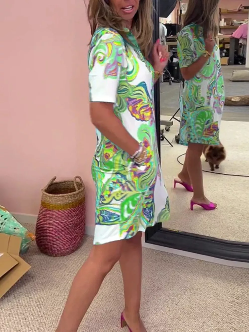 Full Size Vibrant Paisley Print Short Sleeve Shift Dress Plus Size, image 8