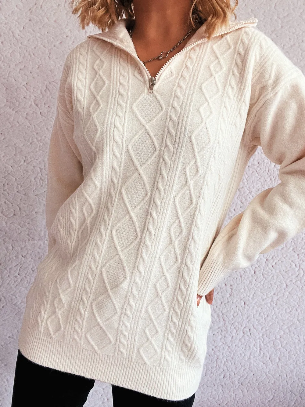 Texture Zip Collar Long Sleeve Sweater, image 18