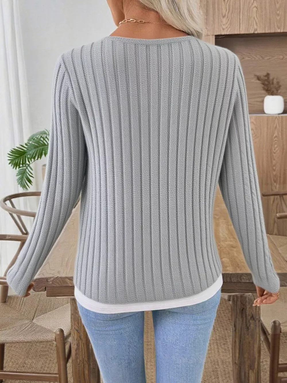 Ribbed Knit Button Detail Contrast Sweater, image 3