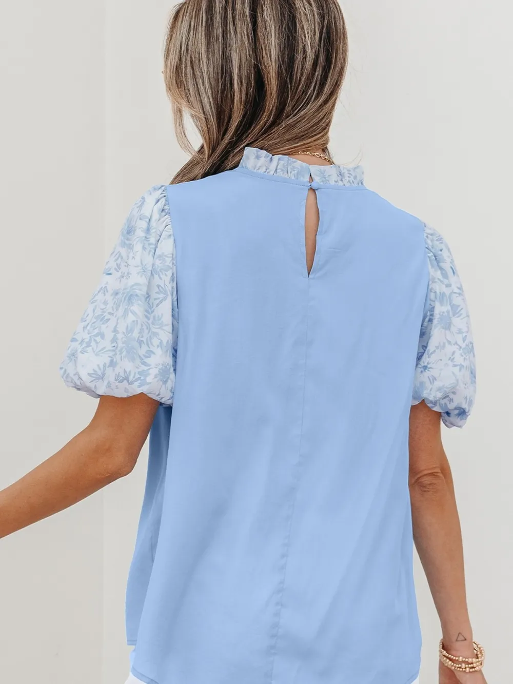 Lace Insert Floral Puff Sleeve Patchwork Loose Blouse, image 4