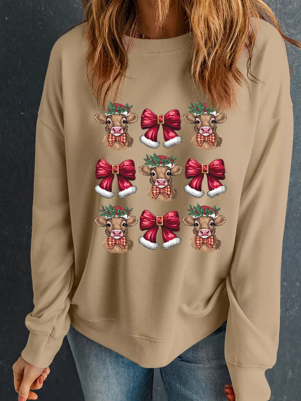 Christmas Heifer Bow Knot Print Casual Sweatshirt, image 4