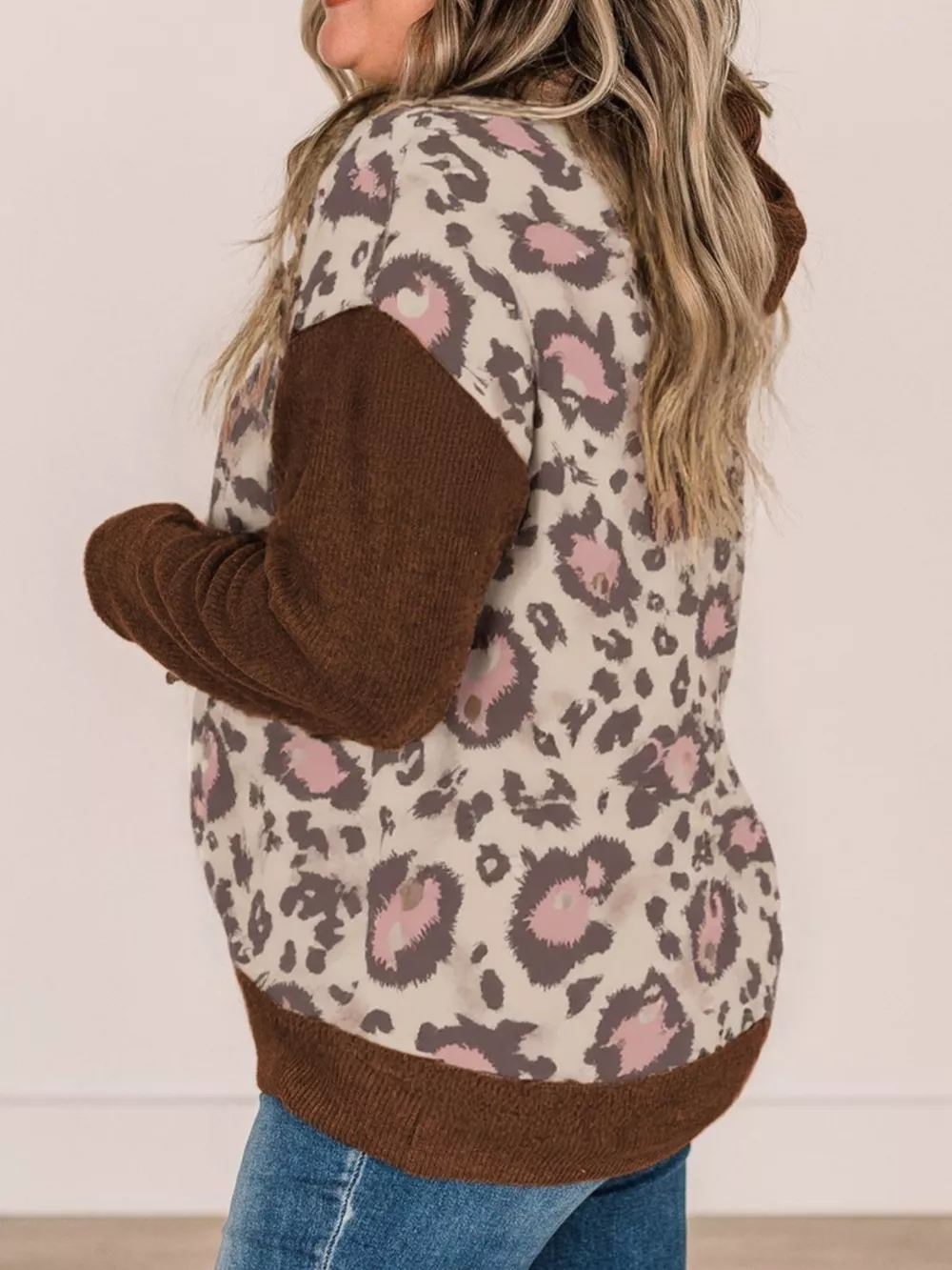 Plus Size Leopard Long Sleeve Drawstring Hoodie, image 3