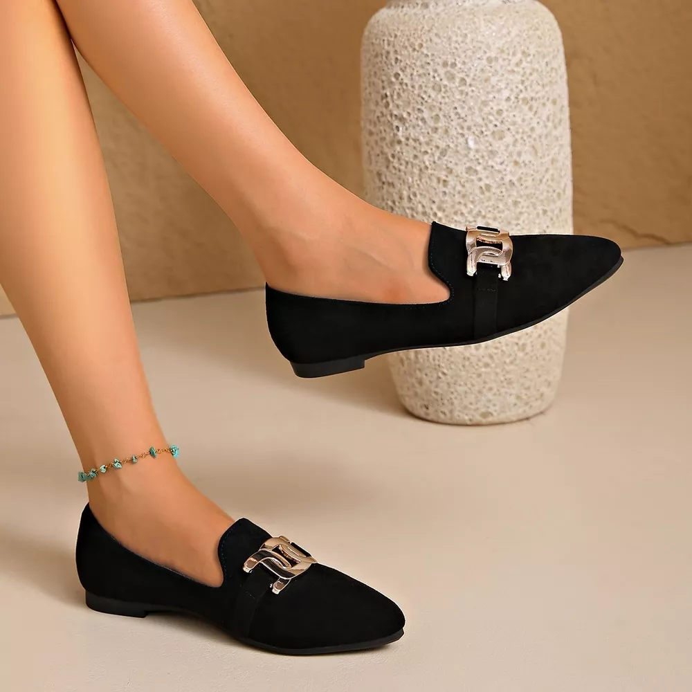 Pointed-Toe Suede Loafers with Metallic Chain Detail, image 7