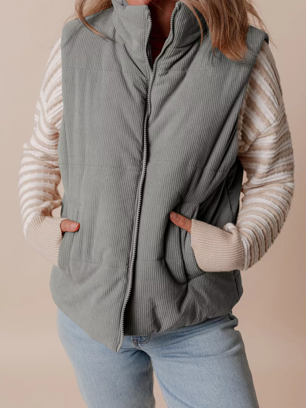 Corduroy Stand Neck Zipped Puffer Vest, image 3