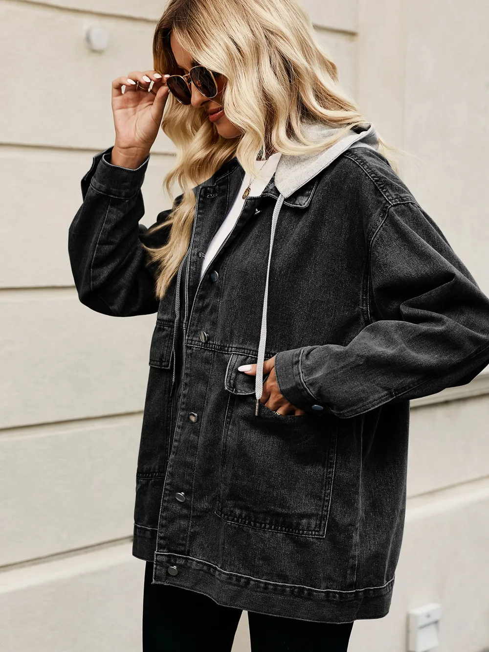 Oversized Button Up Denim Jacket with Hood, image 3