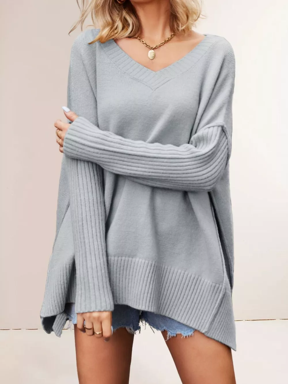 V-Neck Ribbed Sleeve Sweater, image 4